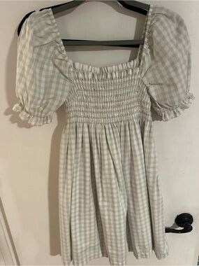 Abercrombie & Fitch Cream and White Gingham Puff-Sleeve Mini Dress